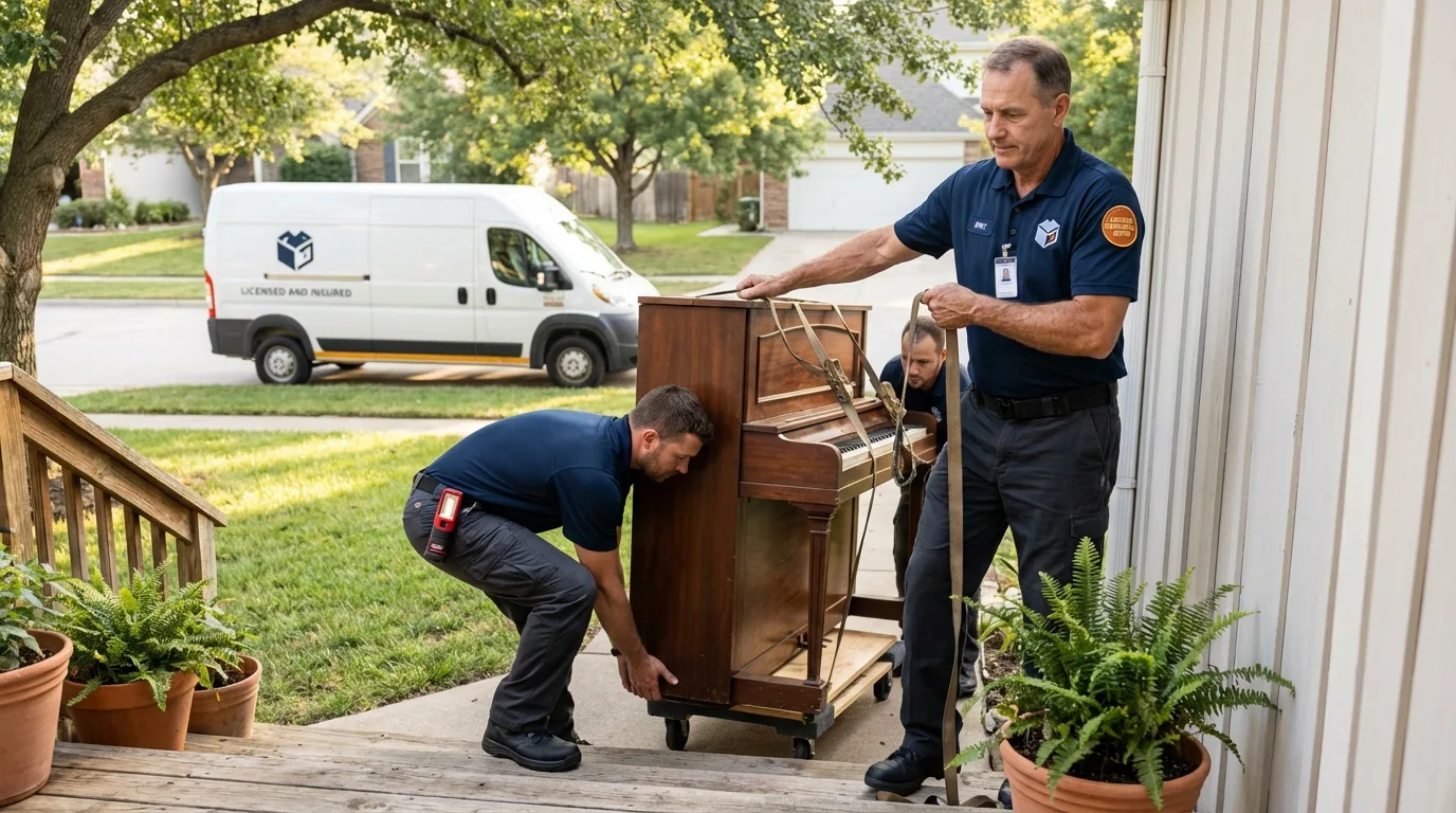 Licensed piano movers securing grand piano in Cedaredge, CO
