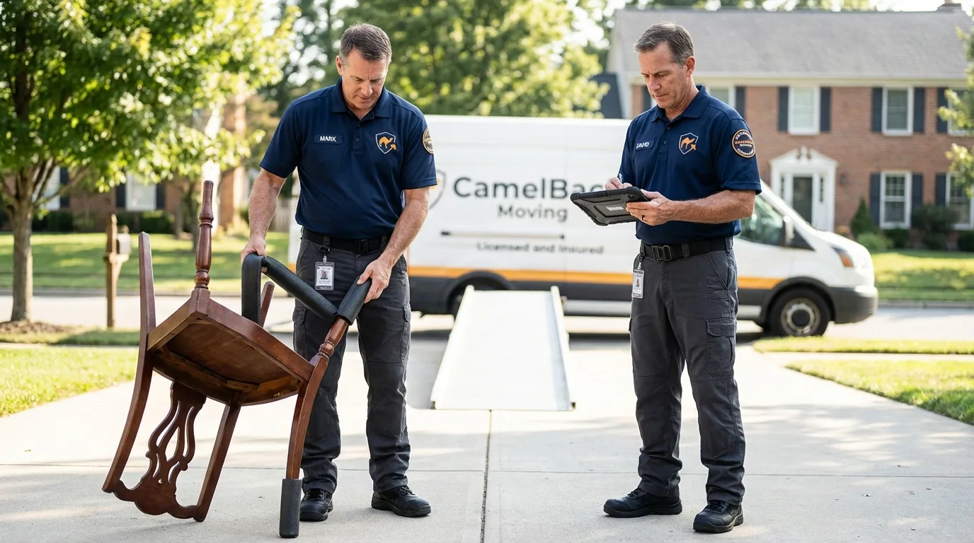 Movers inspecting furniture for damage prevention before loading in Cedaredge, CO